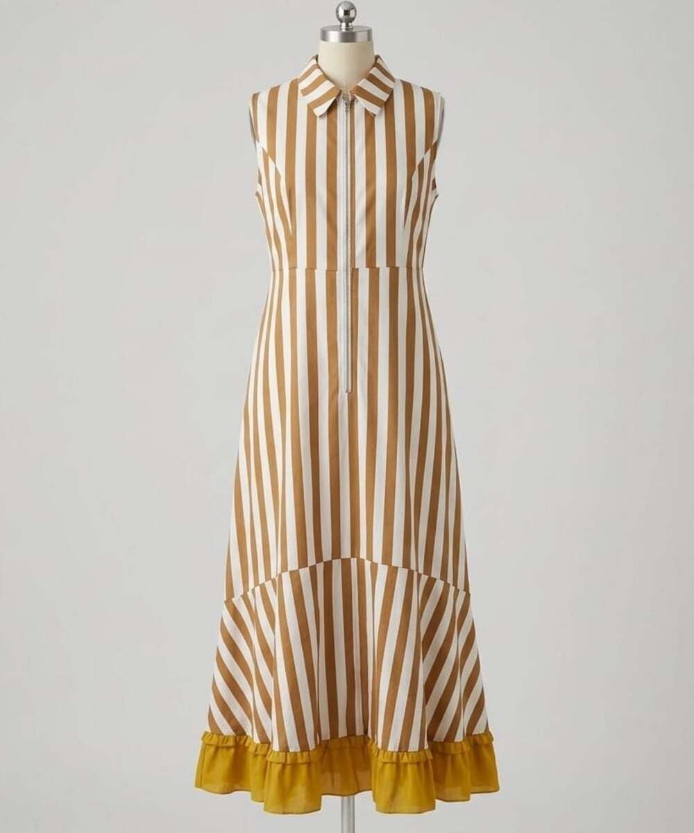 Brown And White  Striped Sleeveless Zip Front Maxi Dress  Size 3XL